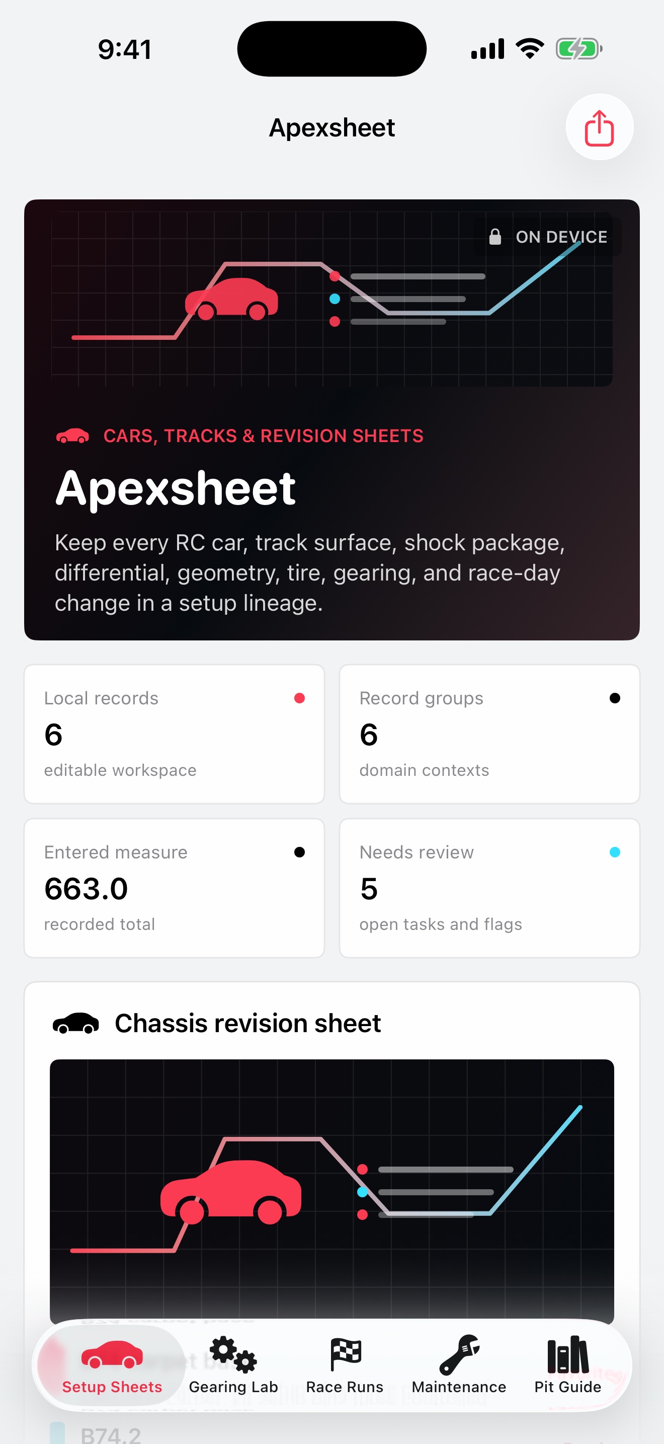 Apexsheet: RC Setup dashboard running on iPhone