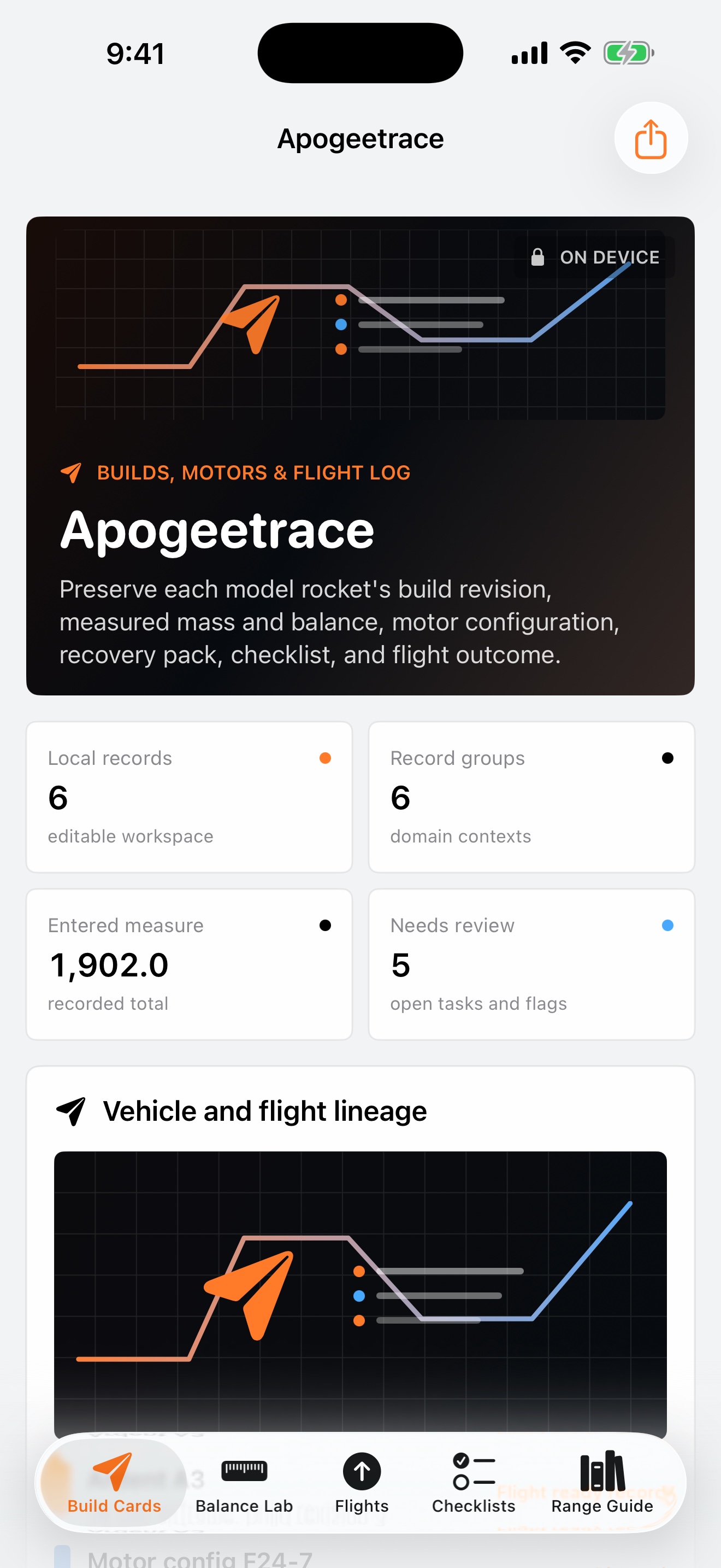 Apogeetrace: Rocket Log dashboard running on iPhone