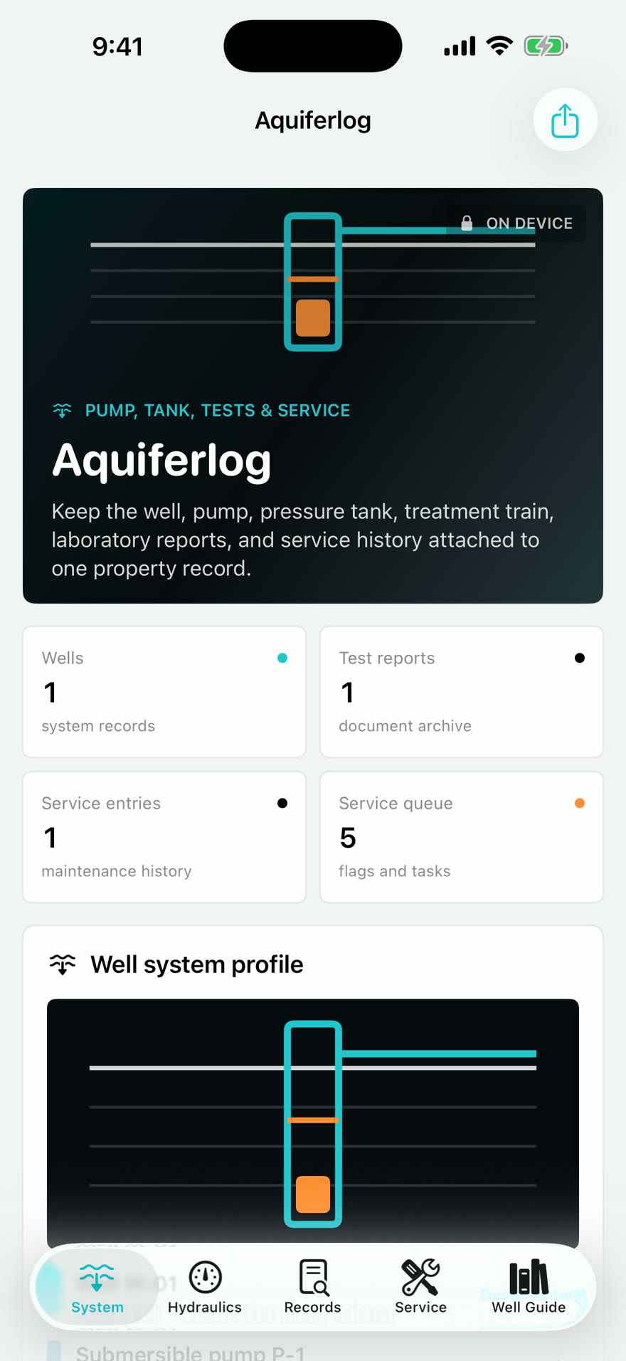 Aquiferlog: Well Records dashboard running on iPhone