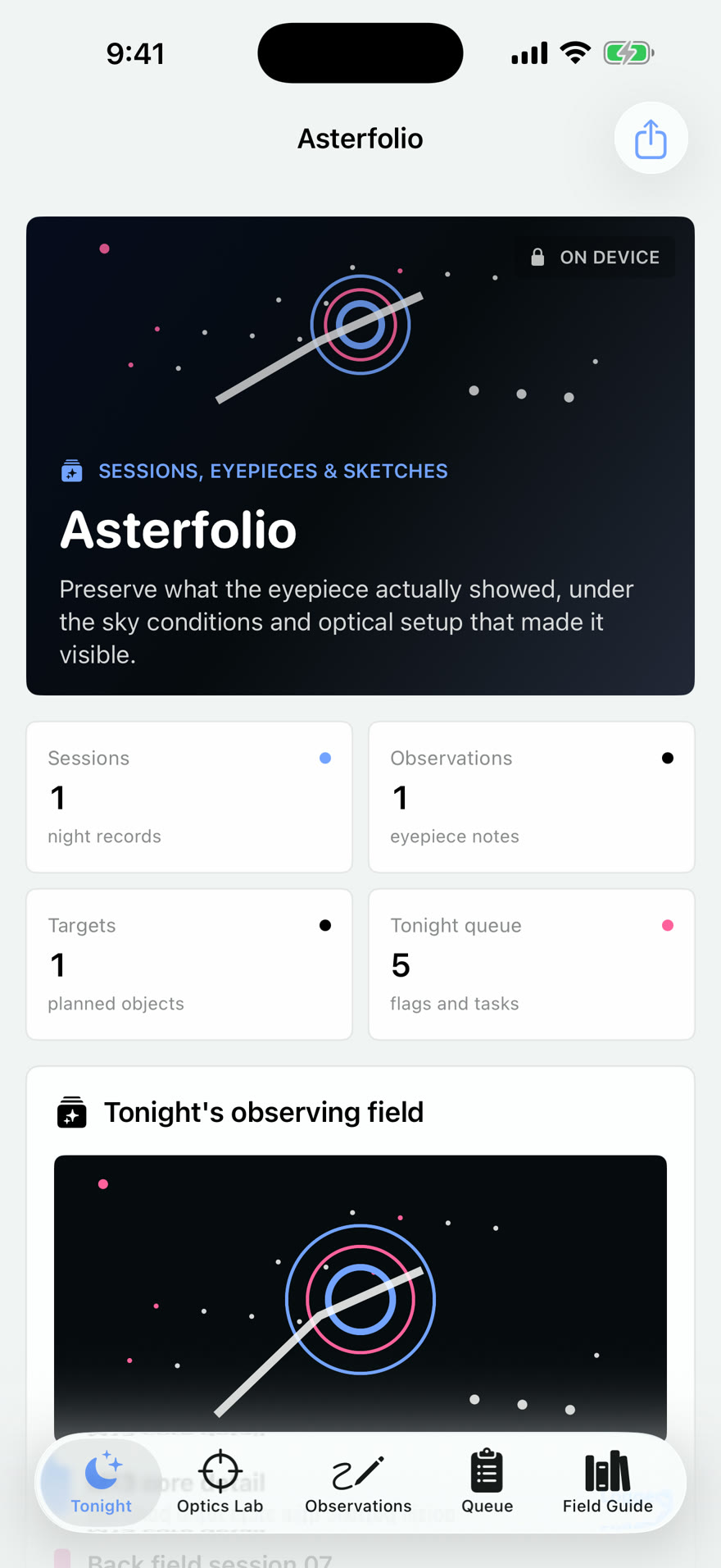 Asterfolio: Night Notebook dashboard running on iPhone