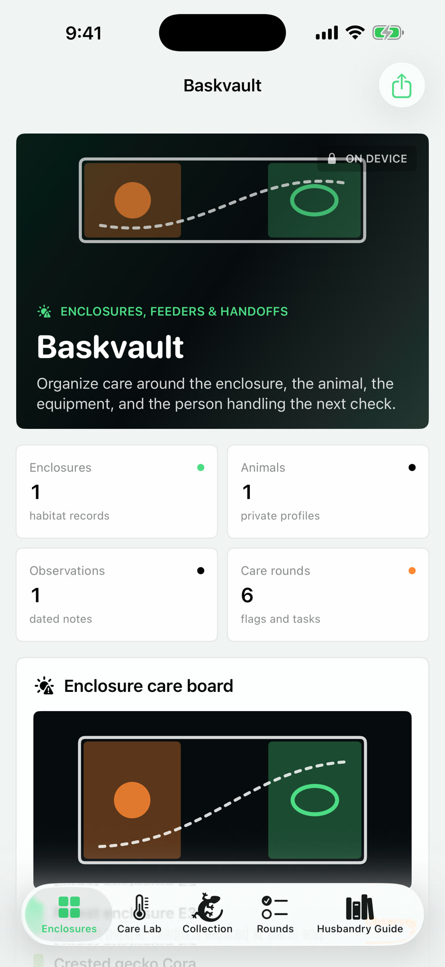 Baskvault: Exotic Care dashboard running on iPhone