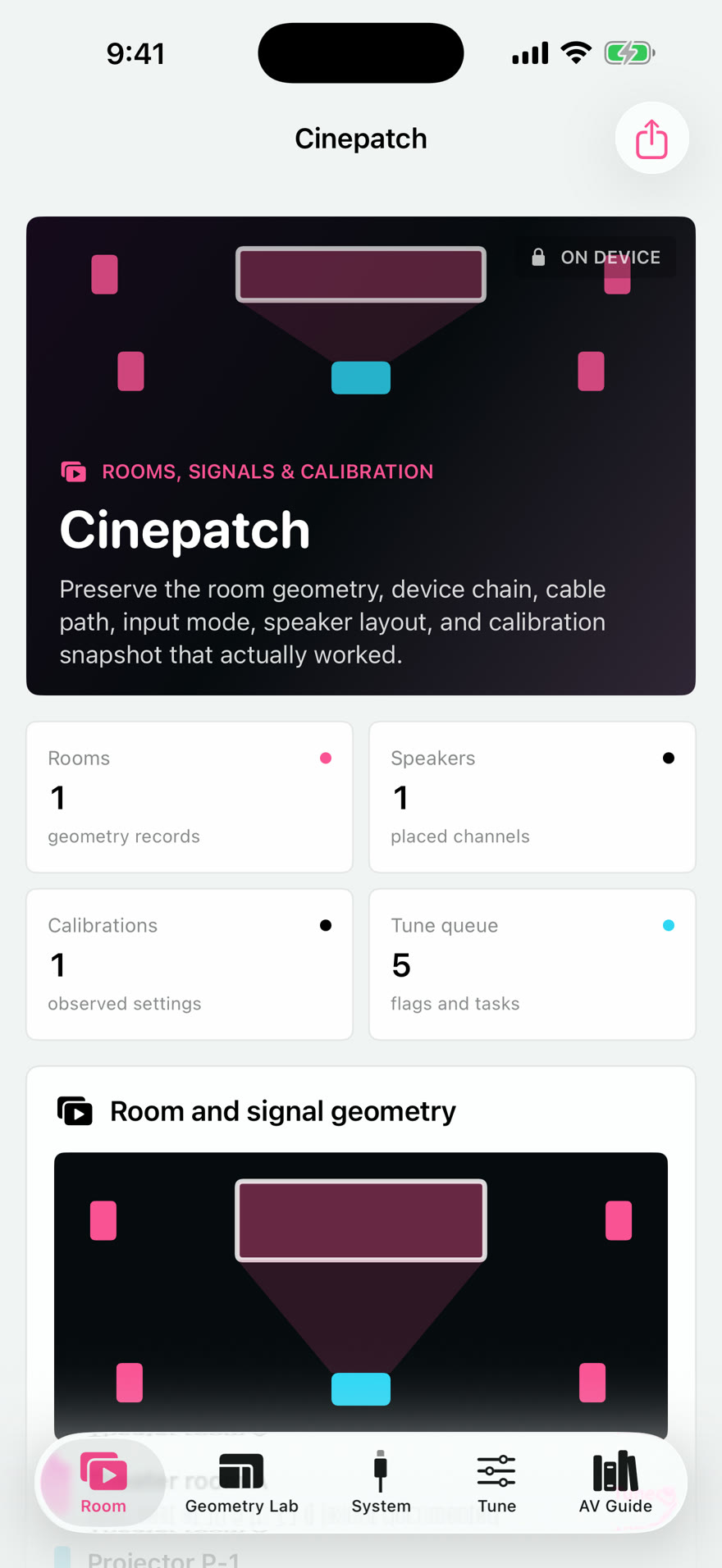 Cinepatch: Theater Ledger dashboard running on iPhone