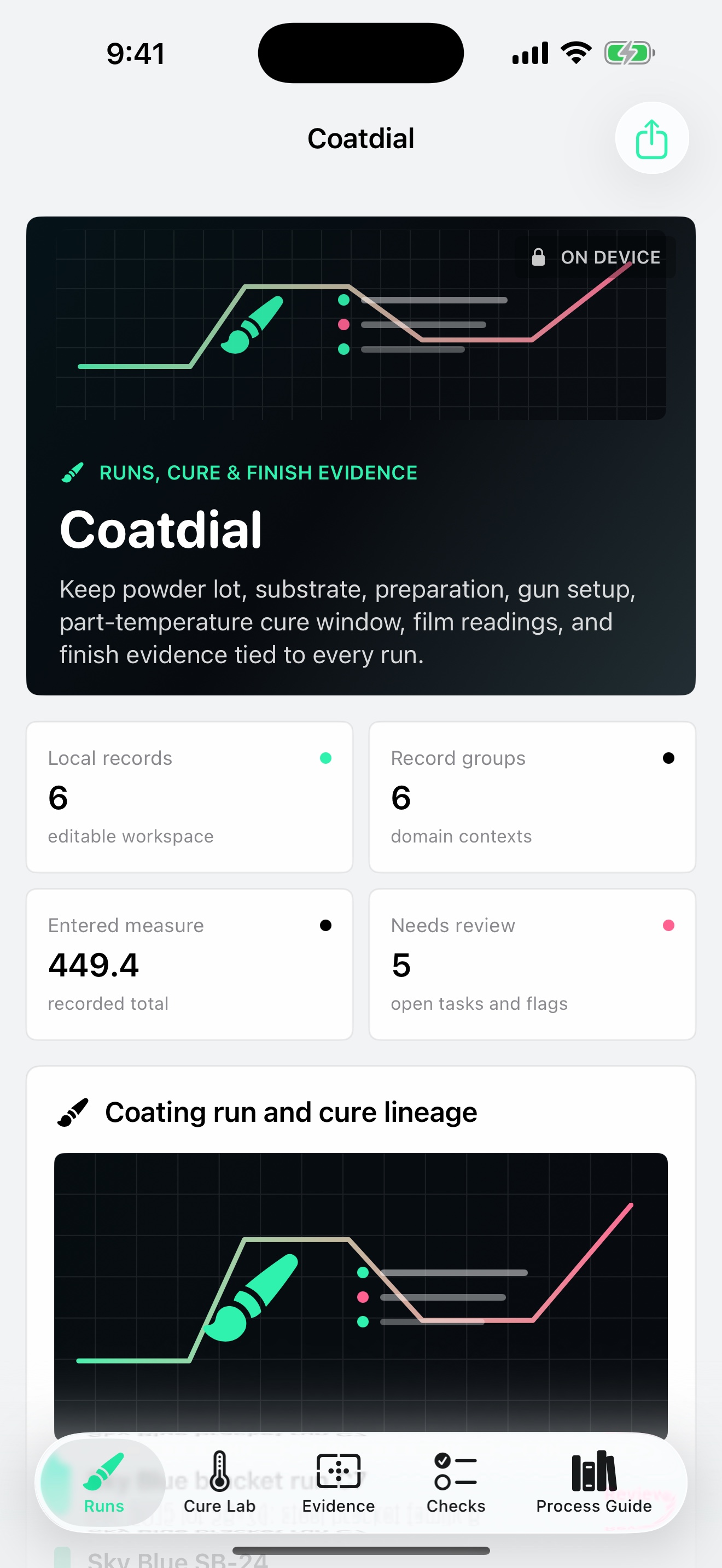 Coatdial: Powder Coat Lab dashboard running on iPhone