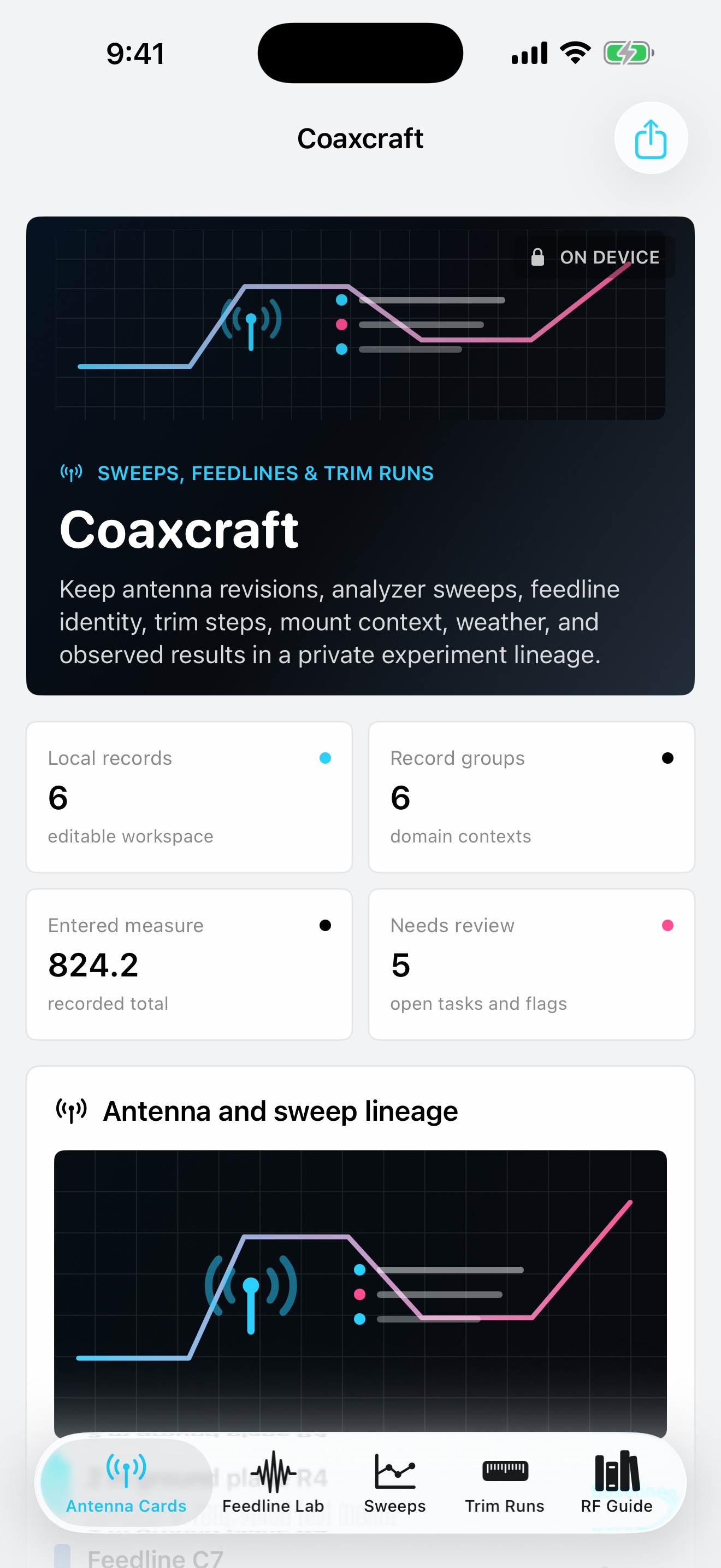 Coaxcraft: Antenna Bench dashboard running on iPhone