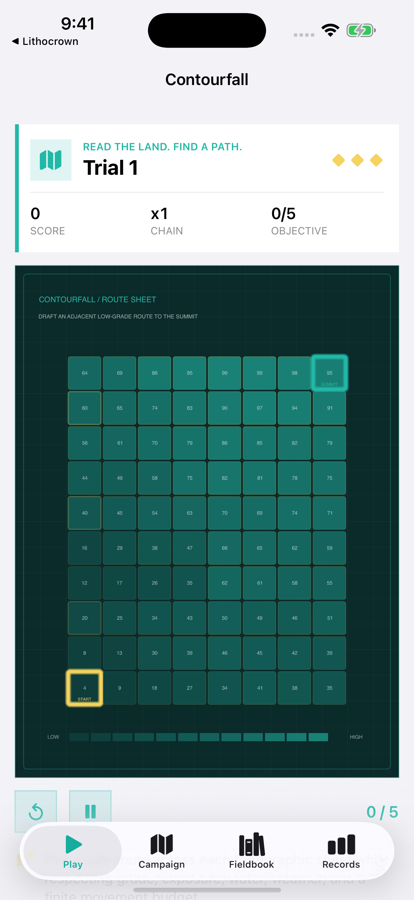 Contourfall current app interface