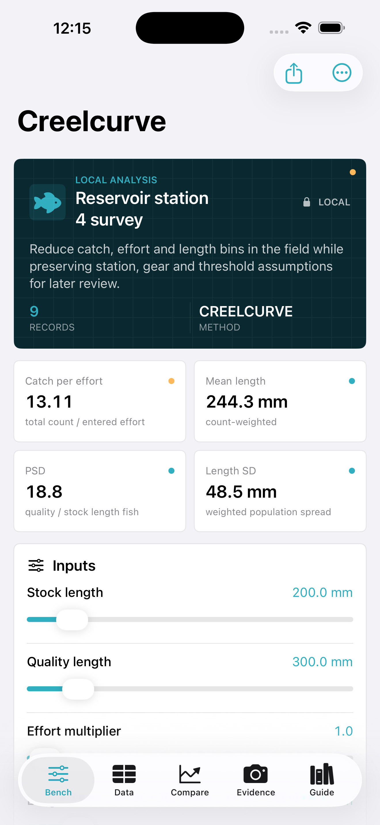 Creelcurve app interface