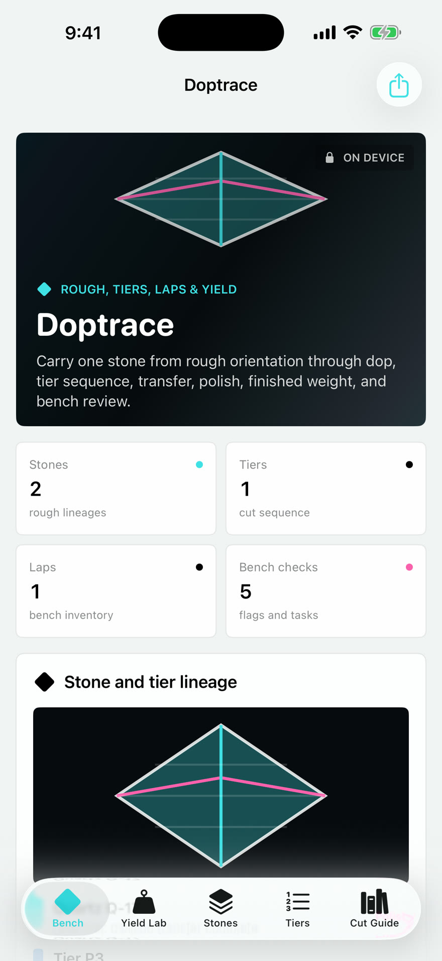 Doptrace: Faceting Bench dashboard running on iPhone