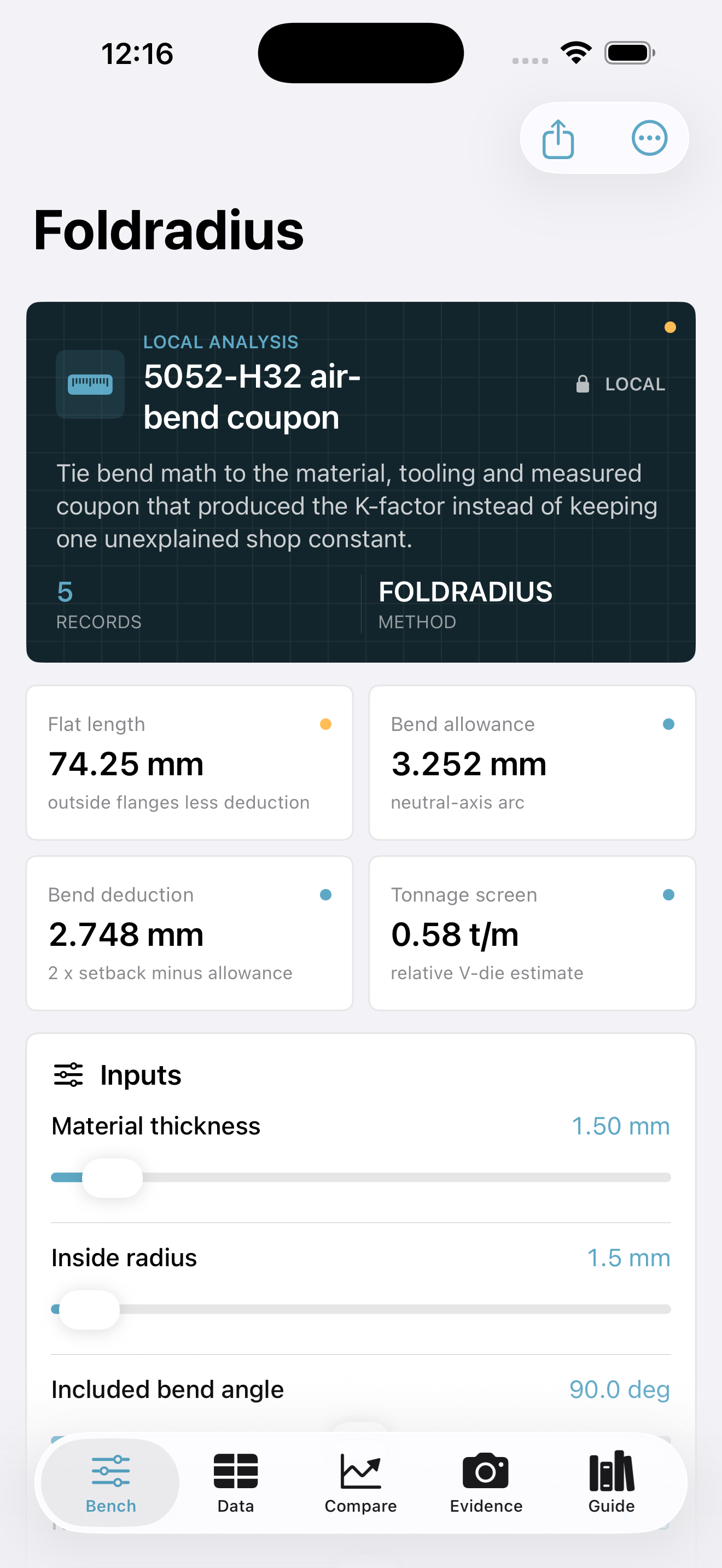 Foldradius app interface