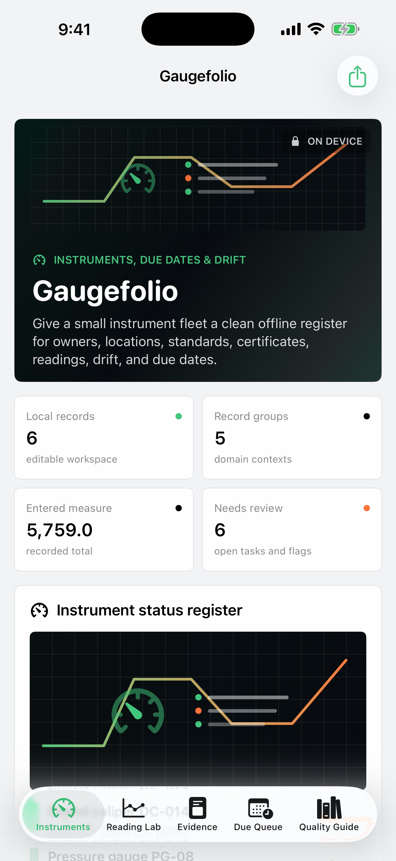 Gaugefolio: Calibration dashboard running on iPhone