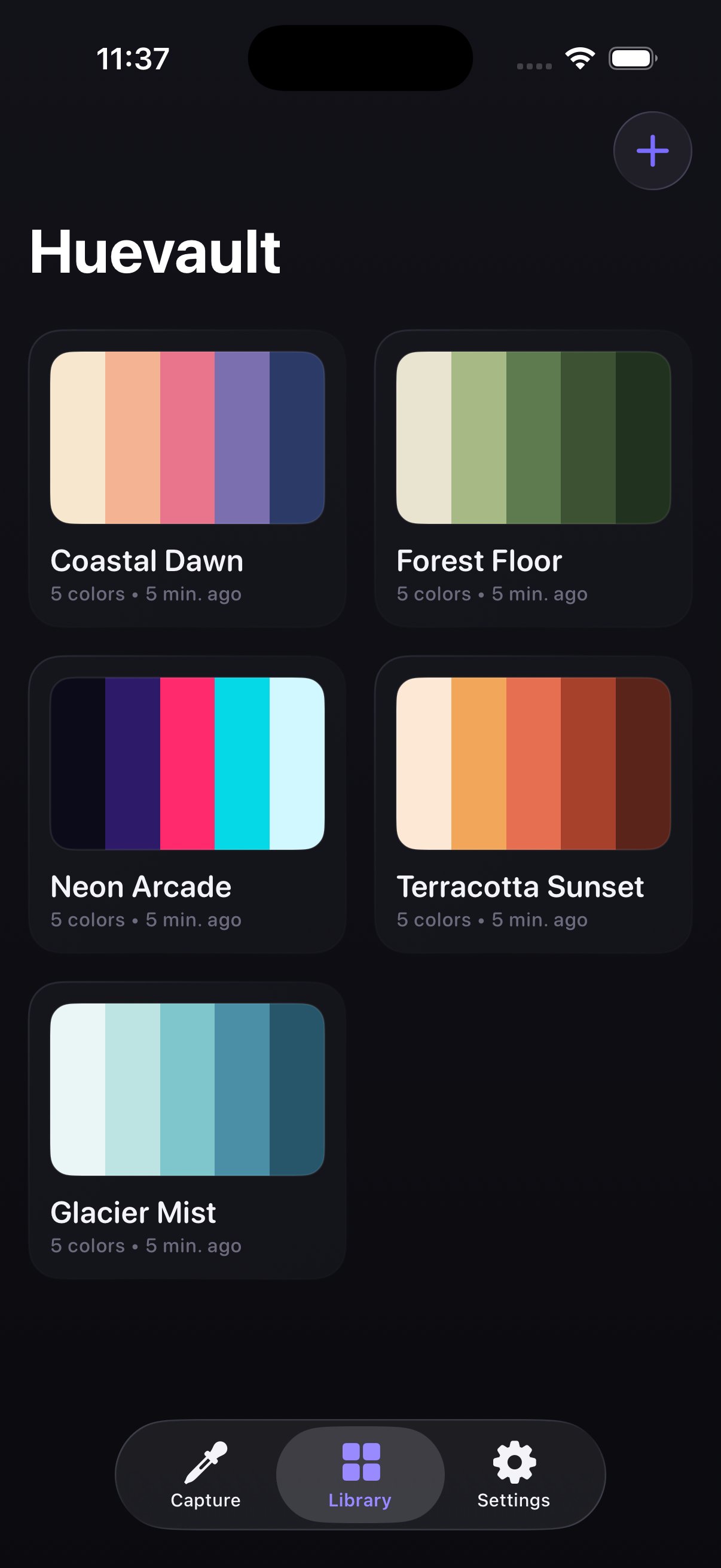 Huevault app screenshot showing saved palettes
