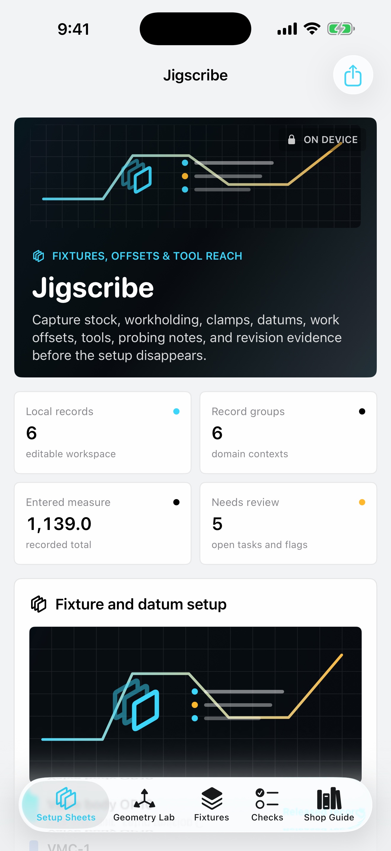 Jigscribe: CNC Setup dashboard running on iPhone
