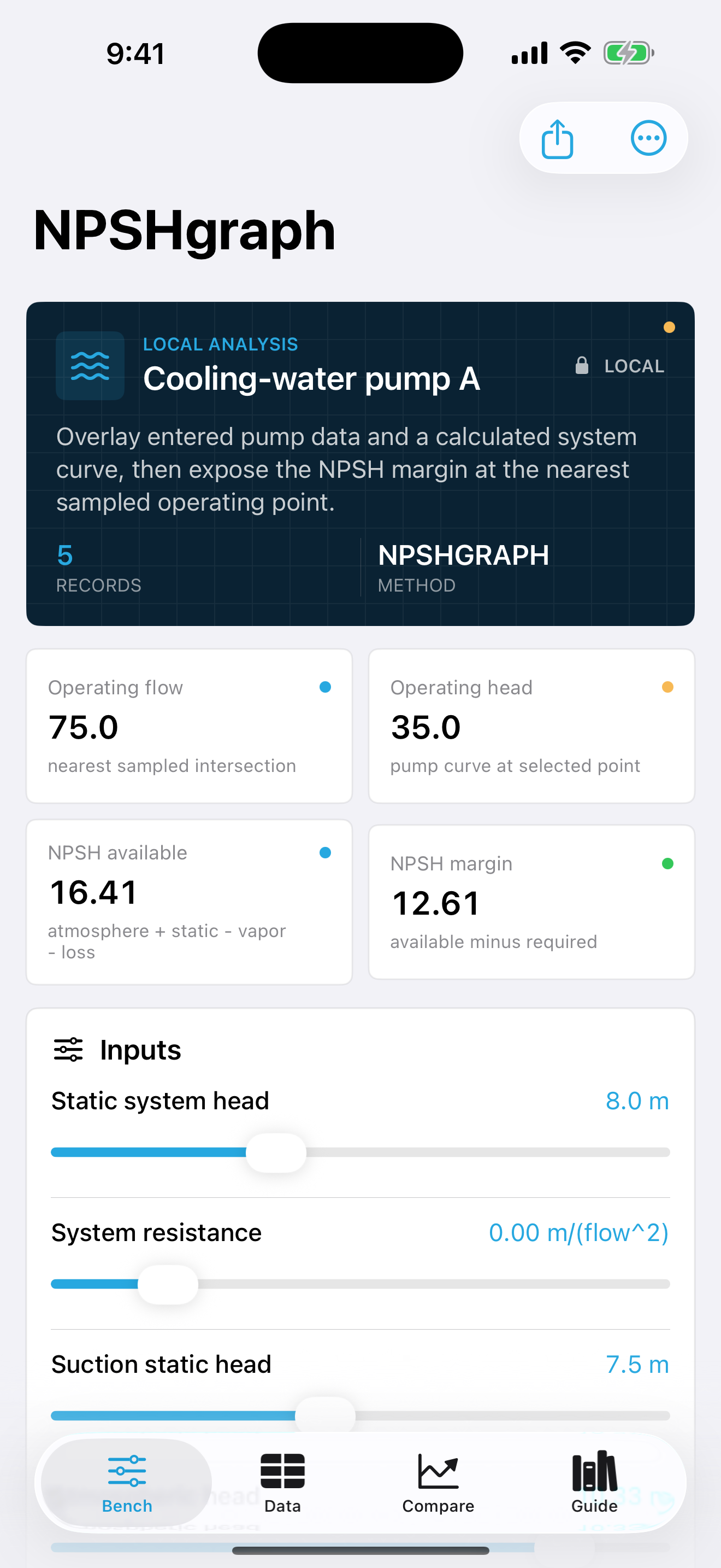 NPSHgraph app interface