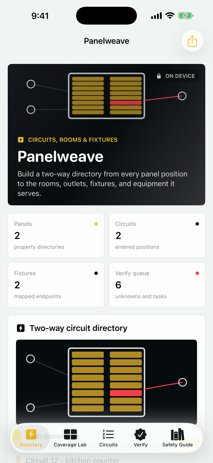 Panelweave: Home Panel Map dashboard running on iPhone