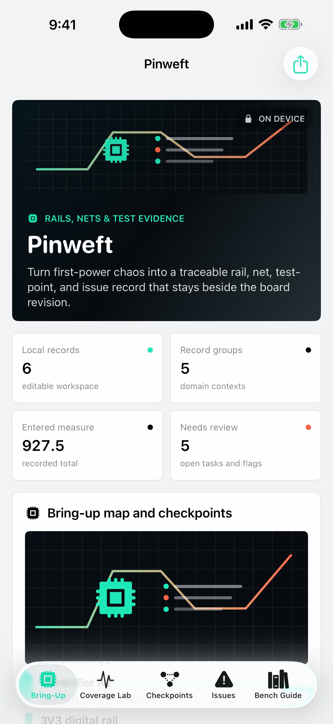 Pinweft: PCB Bring-Up dashboard running on iPhone