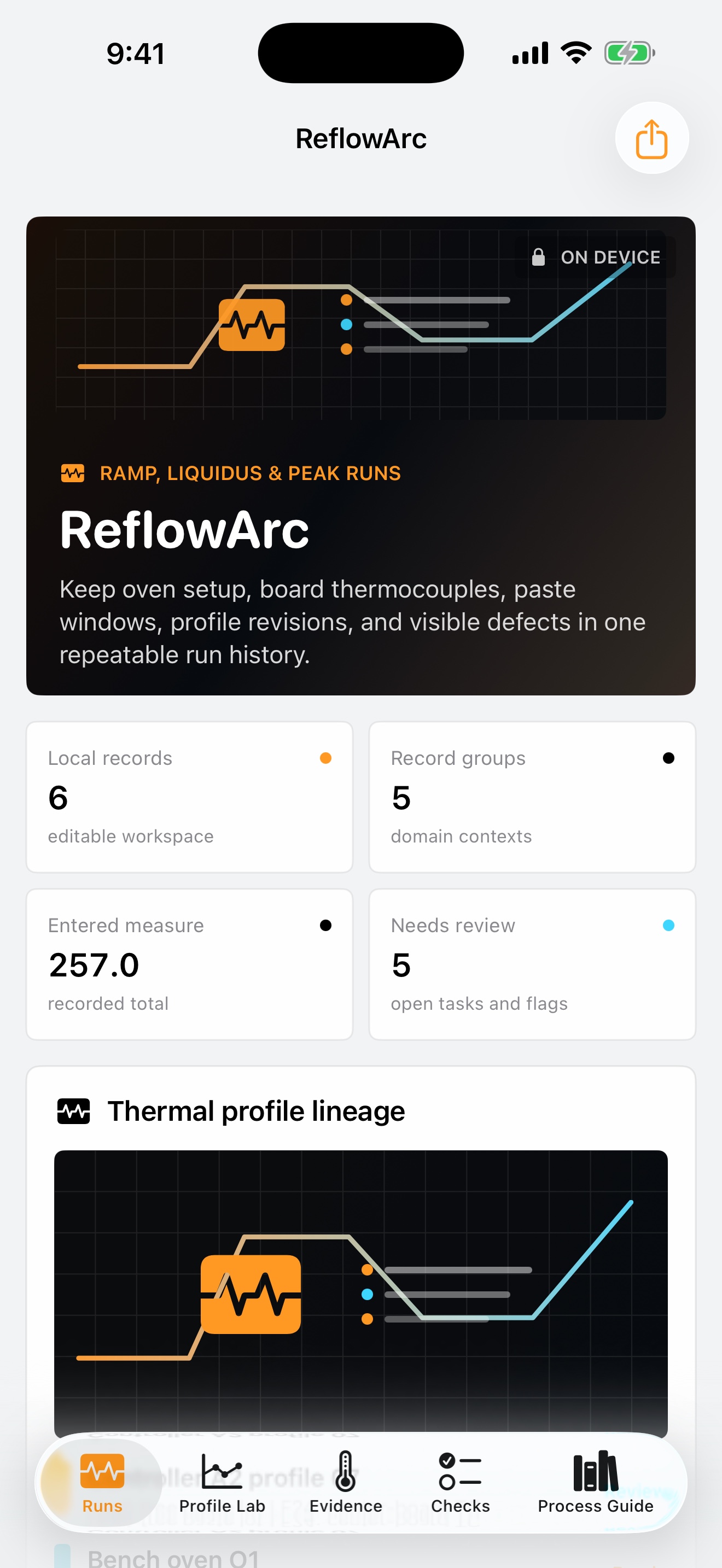 ReflowArc: Solder Profile dashboard running on iPhone