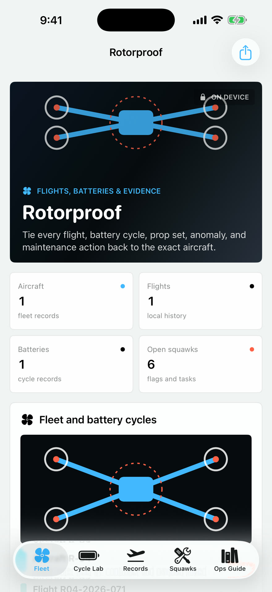 Rotorproof: Drone Ledger dashboard running on iPhone