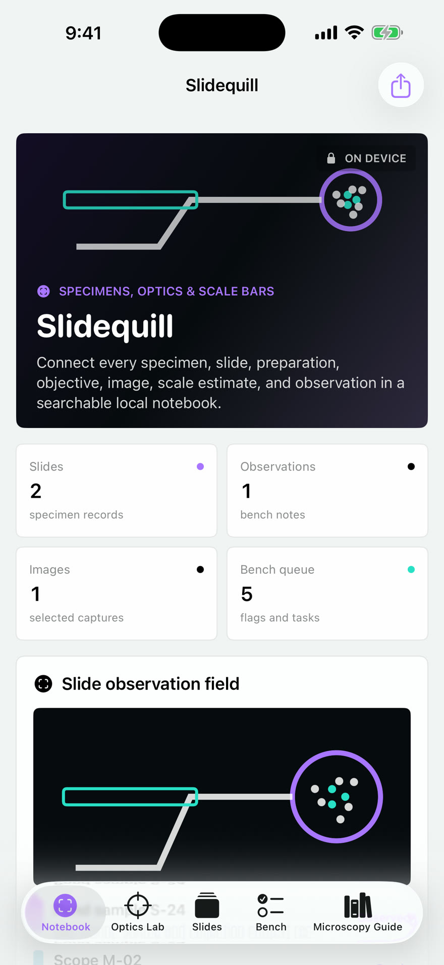 Slidequill: Microscope Notes dashboard running on iPhone