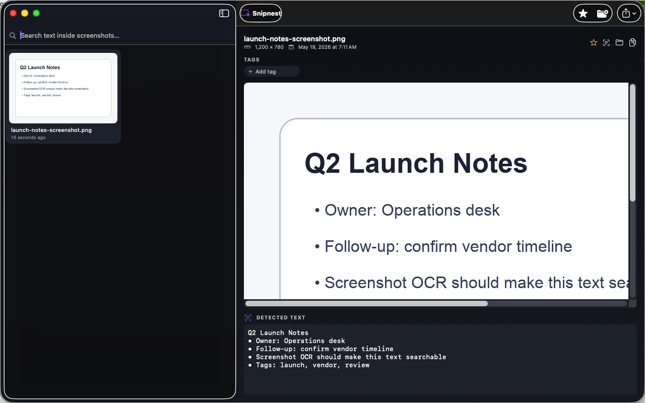 Snipnests Mac app screenshot