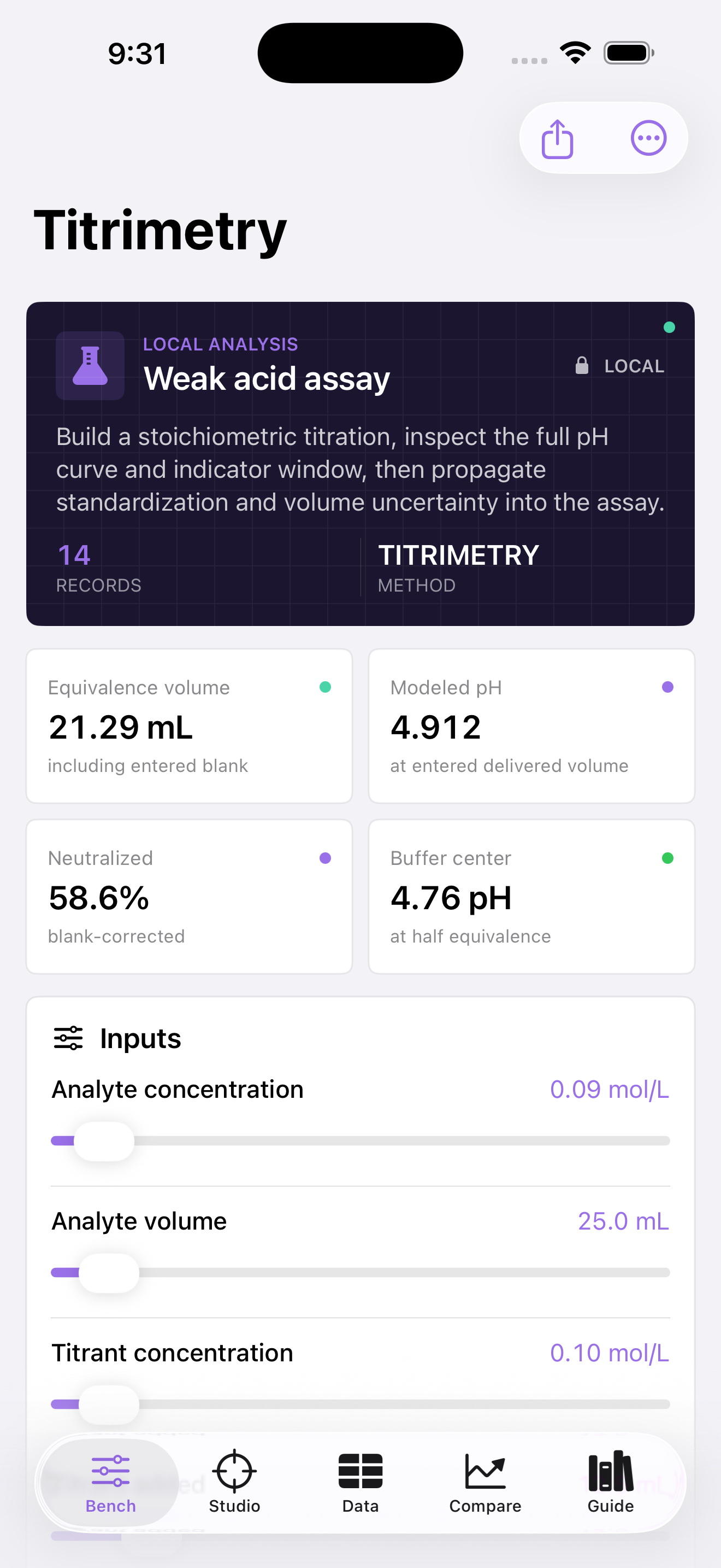 Titrimetry current app interface