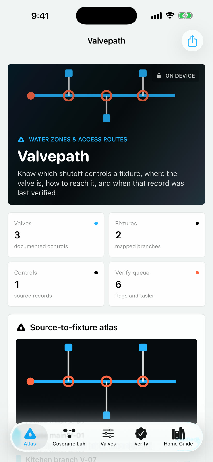 Valvepath: Shutoff Atlas dashboard running on iPhone