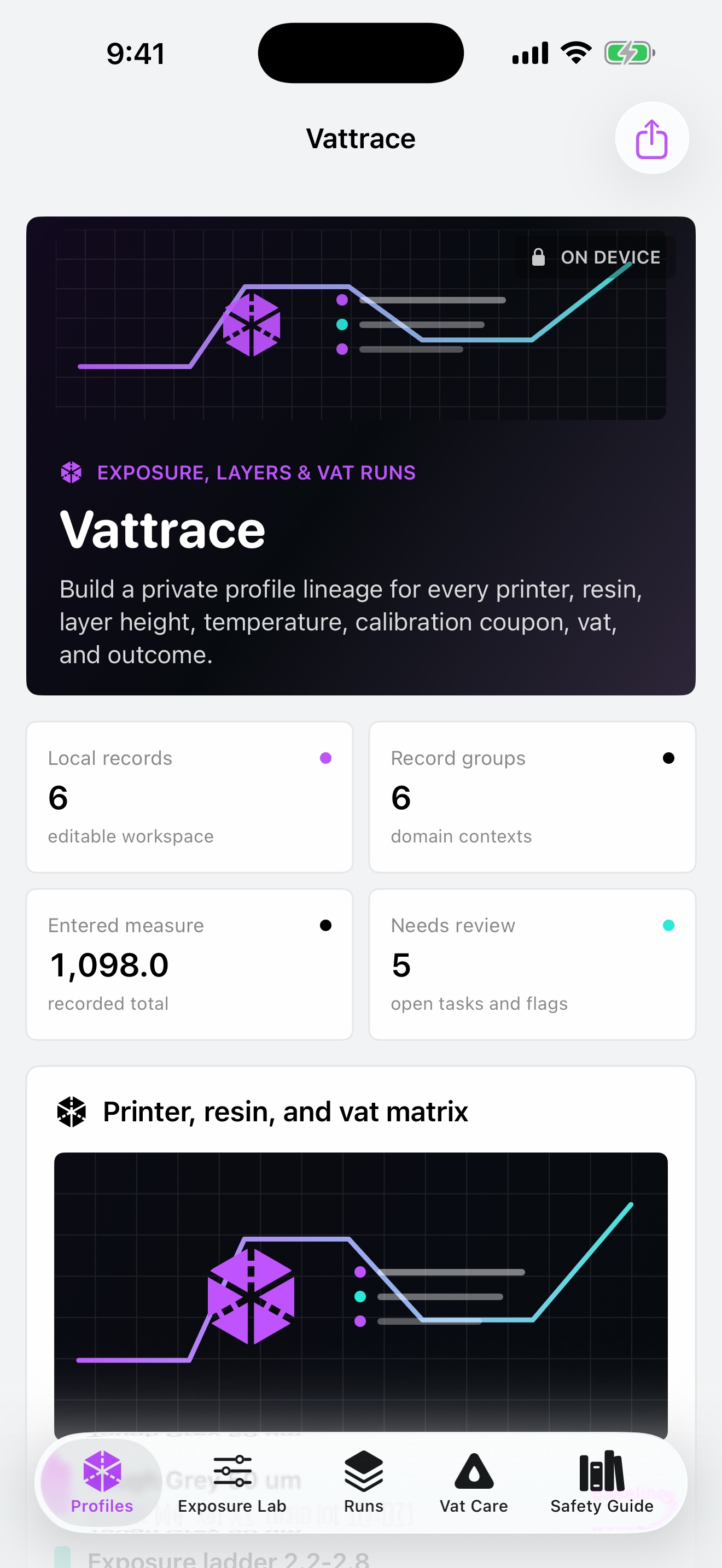 Vattrace: Resin Print Lab dashboard running on iPhone