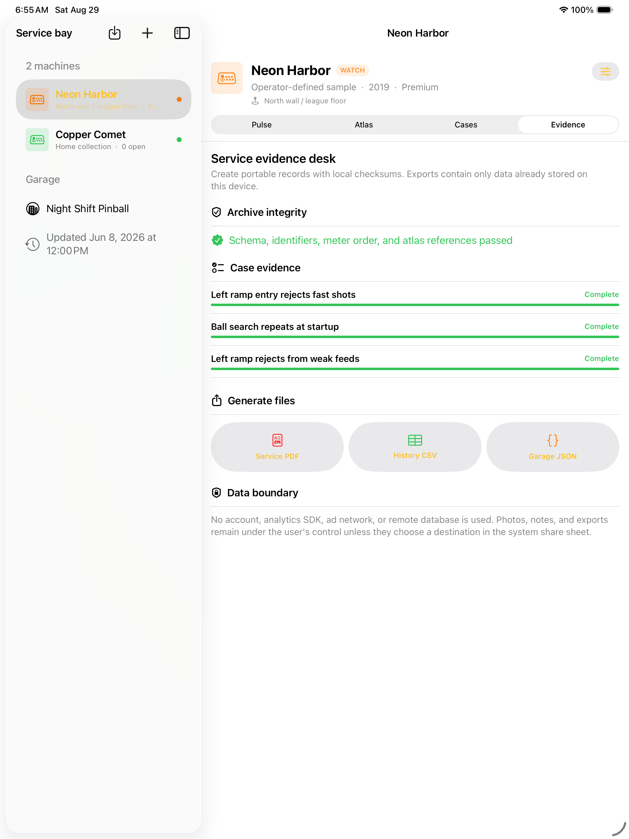 Flipperledger evidence desk on iPad