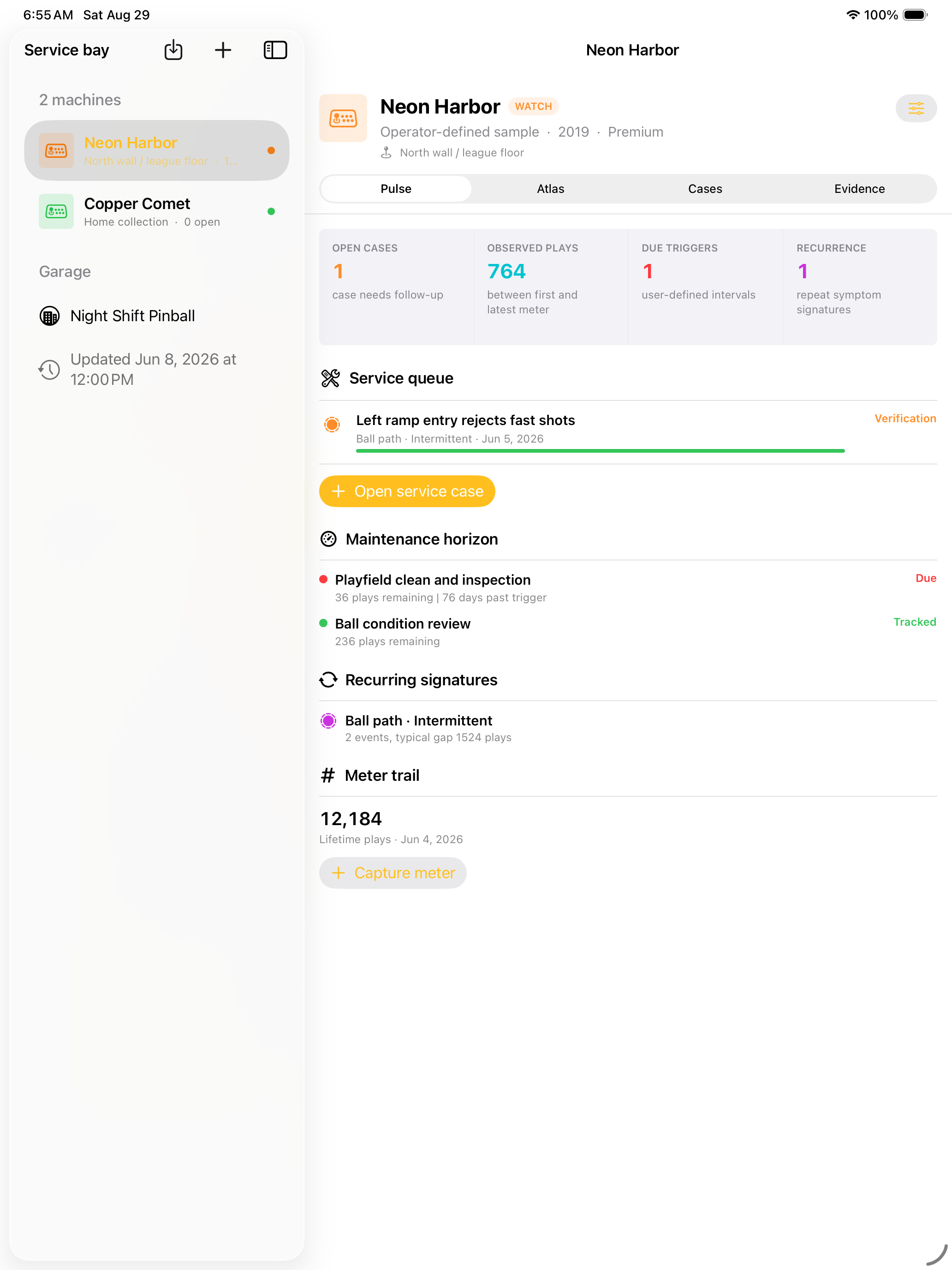 Flipperledger machine pulse and service queue on iPad