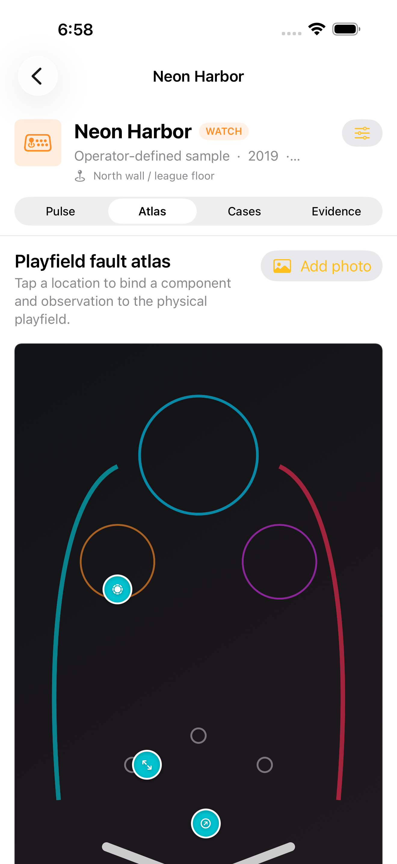 Flipperledger playfield fault atlas on iPhone