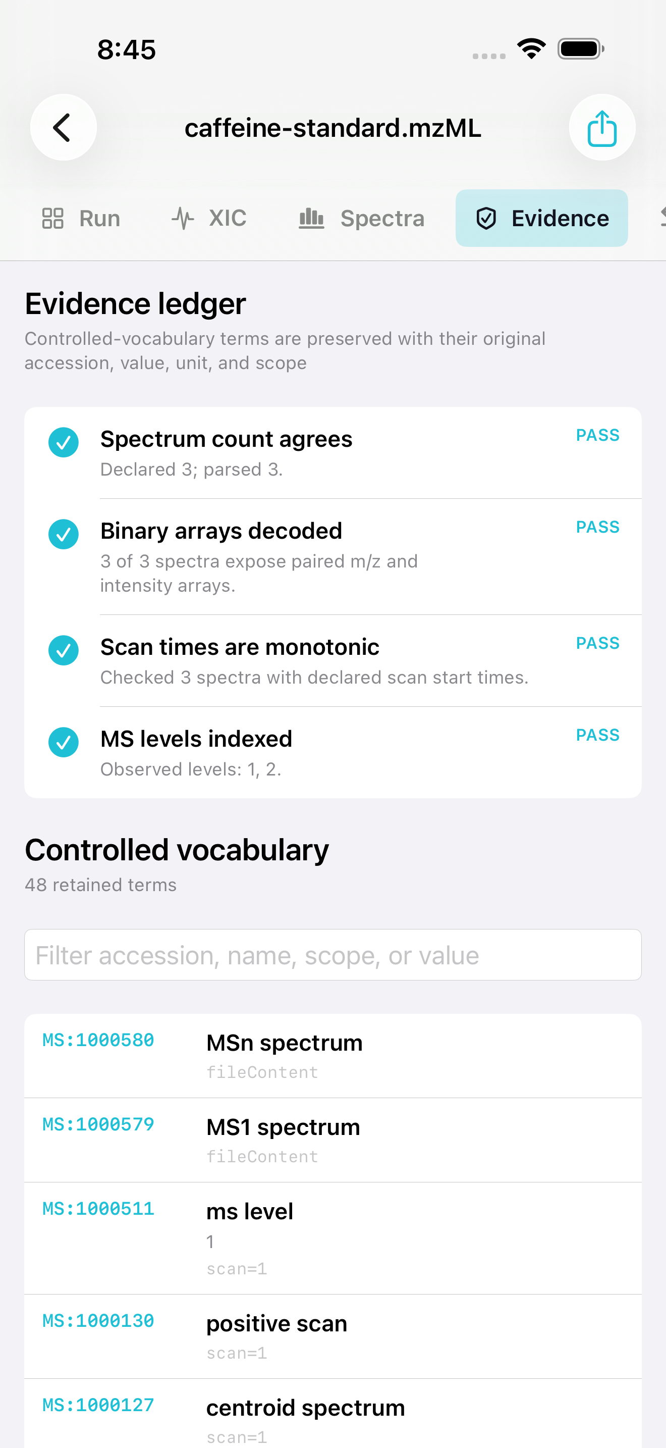 Massweft evidence ledger on iPhone